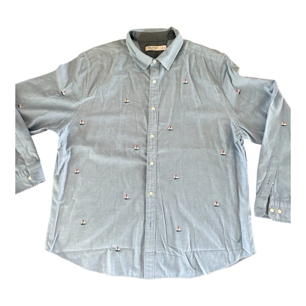 NWOT Nautica Chambray Shirt Mens XL Classic Fit Blue Embroidered Sailboats